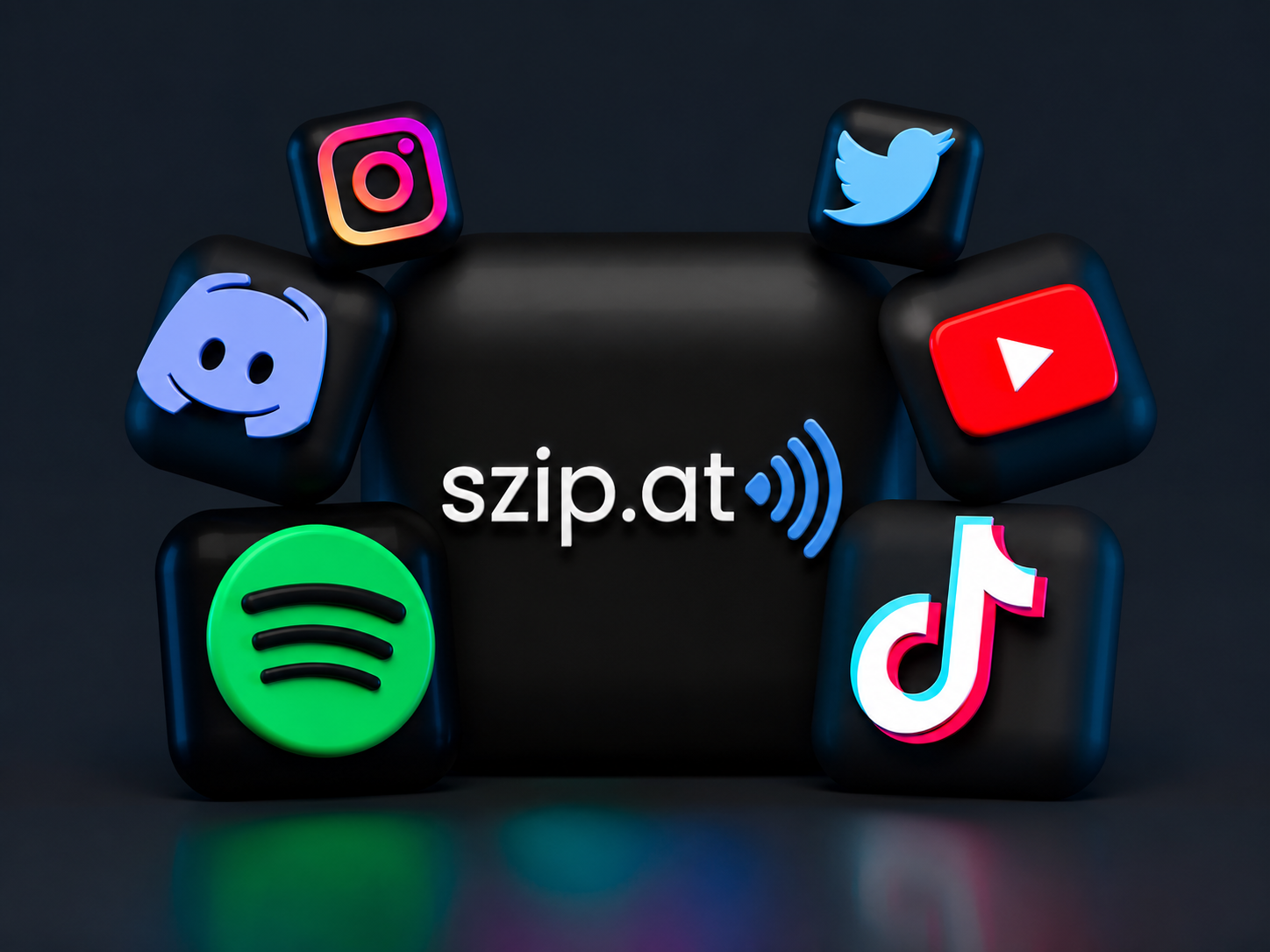 Ícones 3D de redes sociais com cubo central e símbolo da Netflix