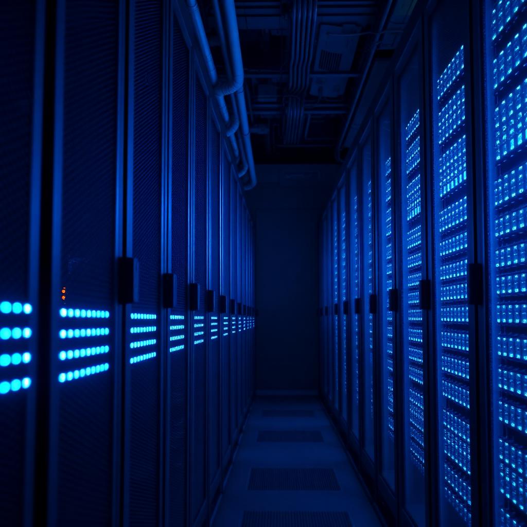 Infraestrutura robusta de servidores com racks iluminados em azul