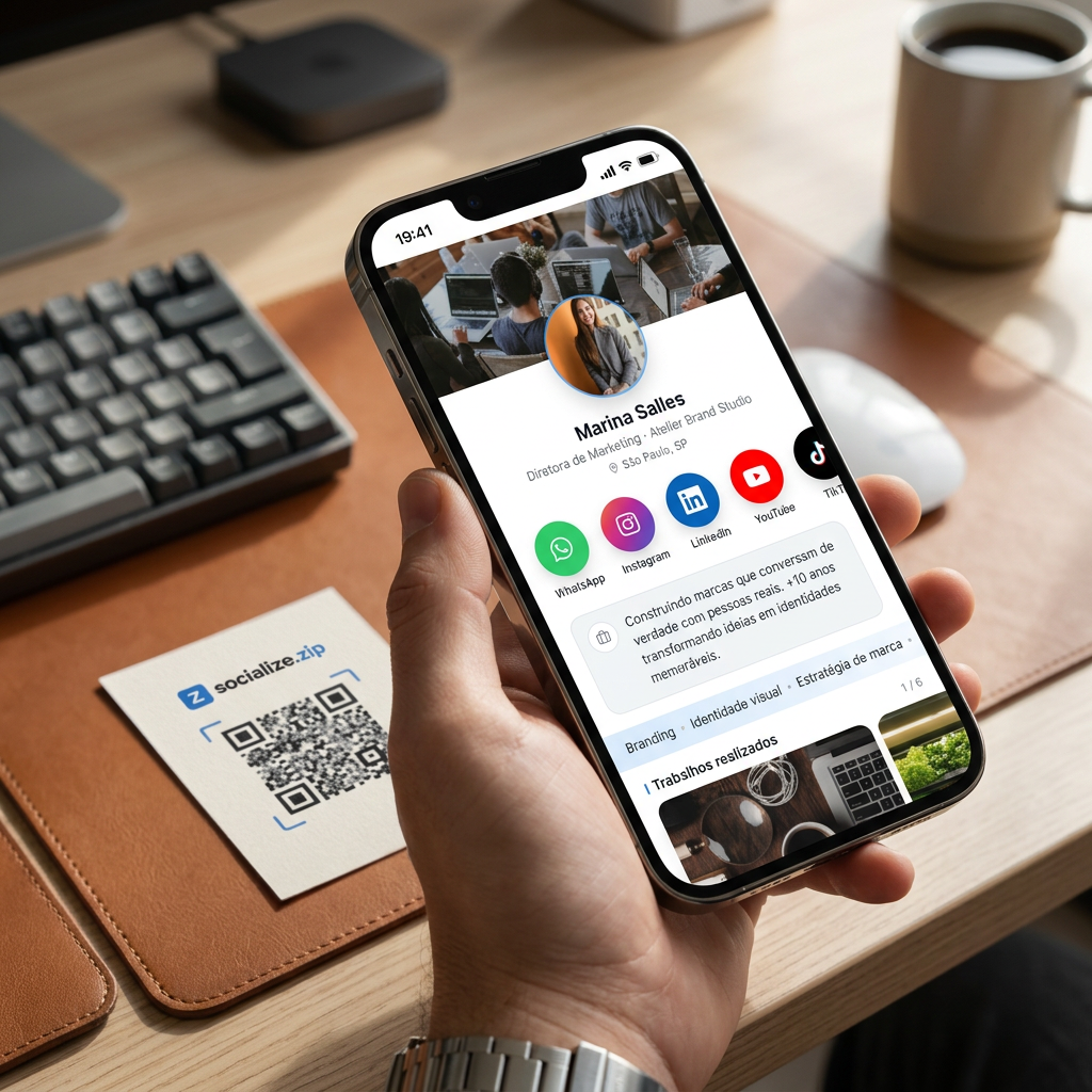 Celular escaneando um QR Code e exibindo o perfil digital de exemplo na tela