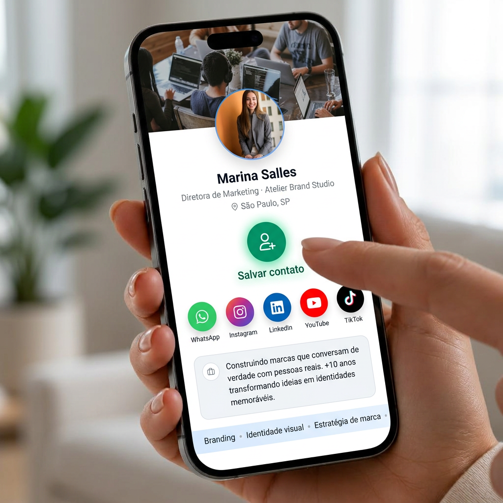 Celular exibindo um perfil socialize.zip com destaque para o botão Salvar Contato
